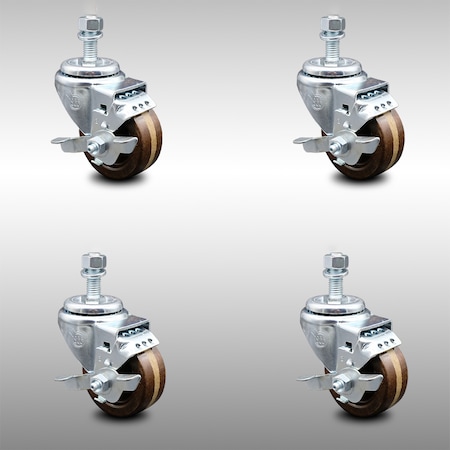 Service Caster 3 Inch SS High Temp Phenolic Swivel 12mm Threaded Stem Caster Set Brake SCC SCC-SSTS20S314-PHSHT-TLB-M1215-4